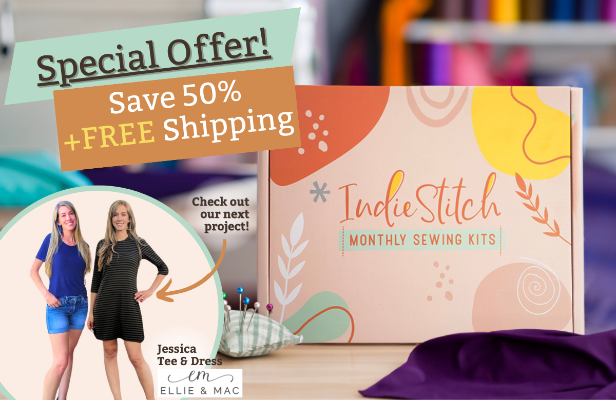 Box with the IndieStitch logo and text that says "Special offer - save 50% + free shipping"