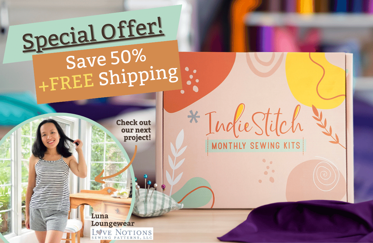 Box with the IndieStitch logo and text that says "Special offer - save 50% + free shipping" 