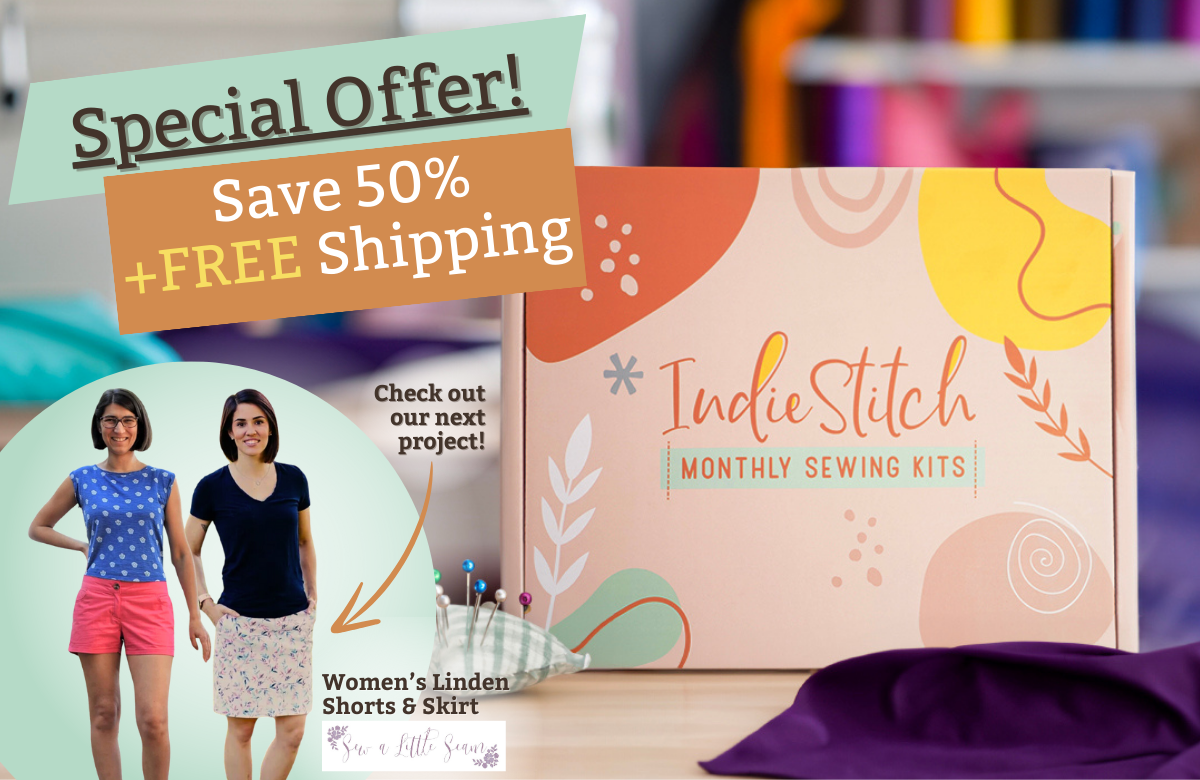 Box with the IndieStitch logo and text that says "Special offer - save 50% + free shipping" 