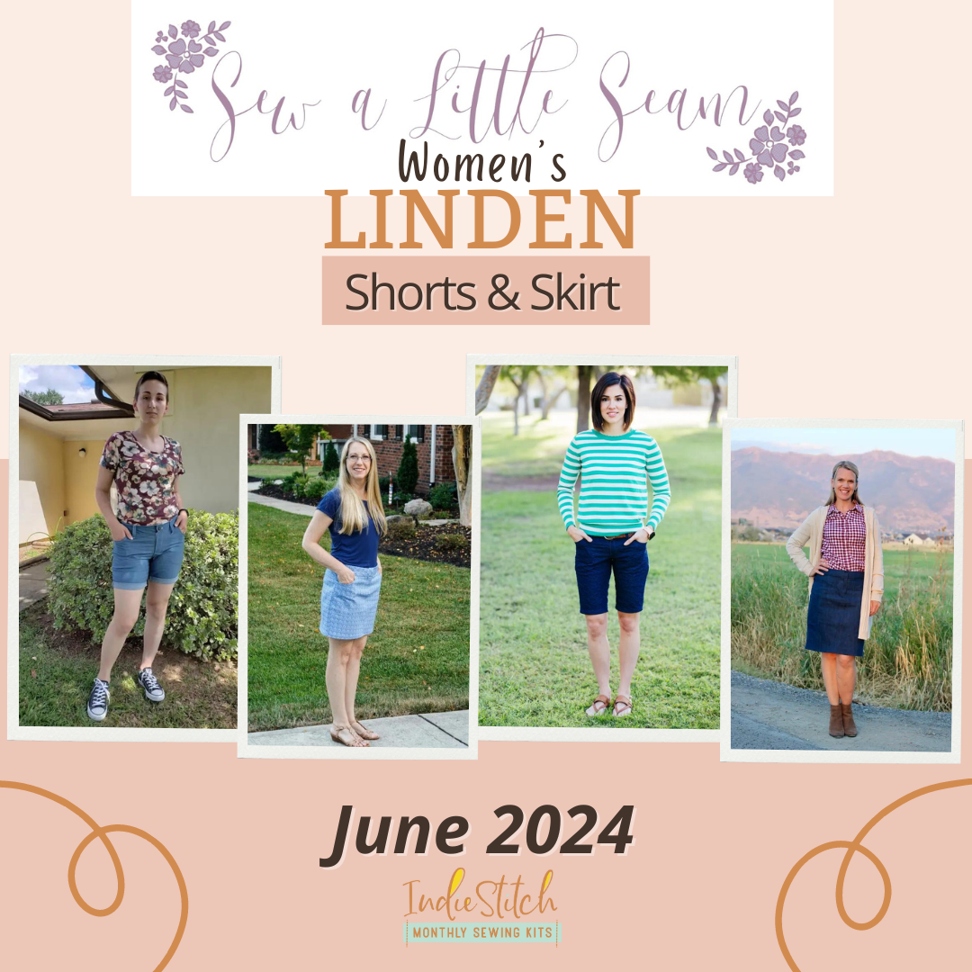 3 photos of women in loungewear. Two are in separates and one in a nightgown. The words Love Notions Luna Loungewear are above the images. The words April 2024 and the IndieStitch logo is below the images. 