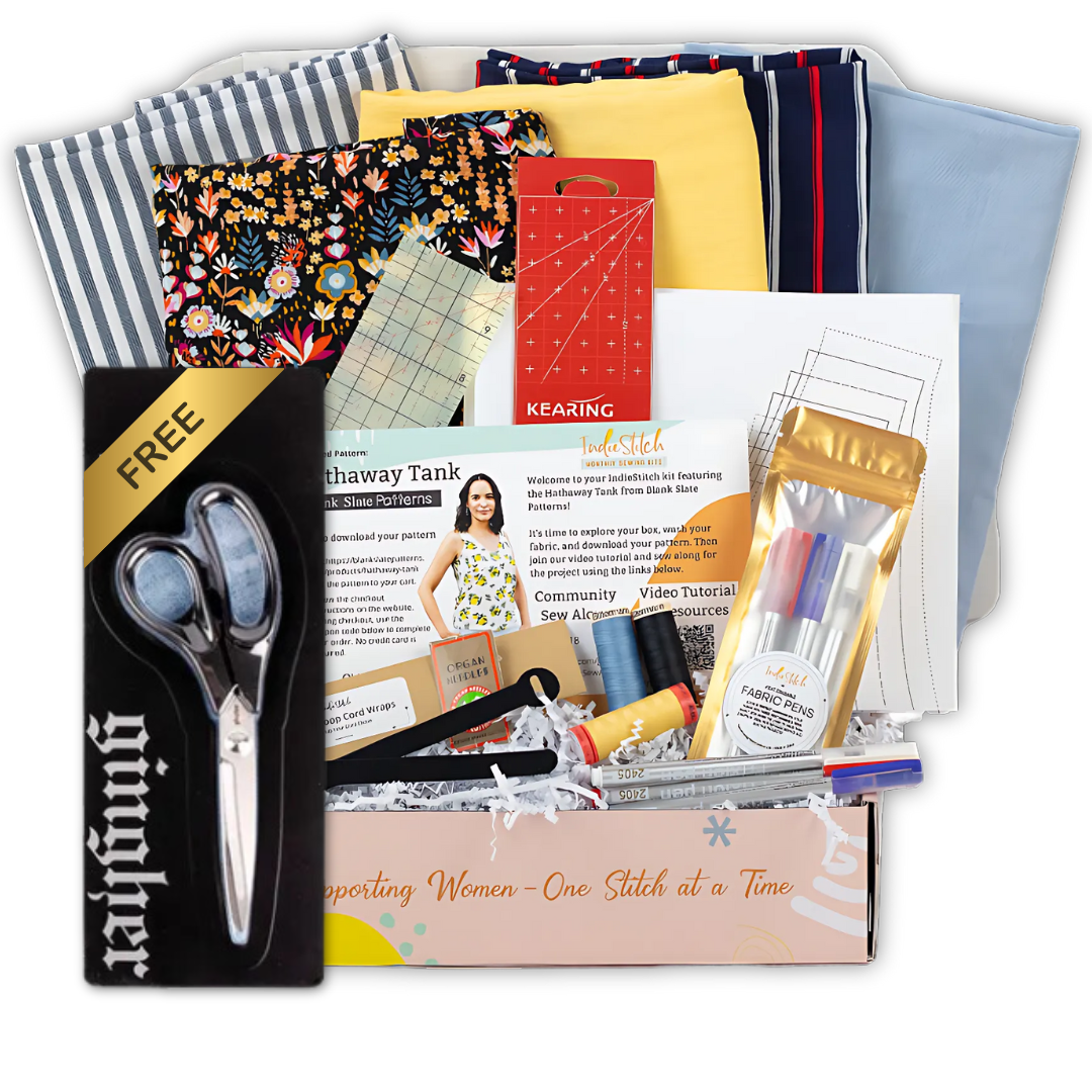 Sewing Subscription Box contents with words "save 50% + free shipping"